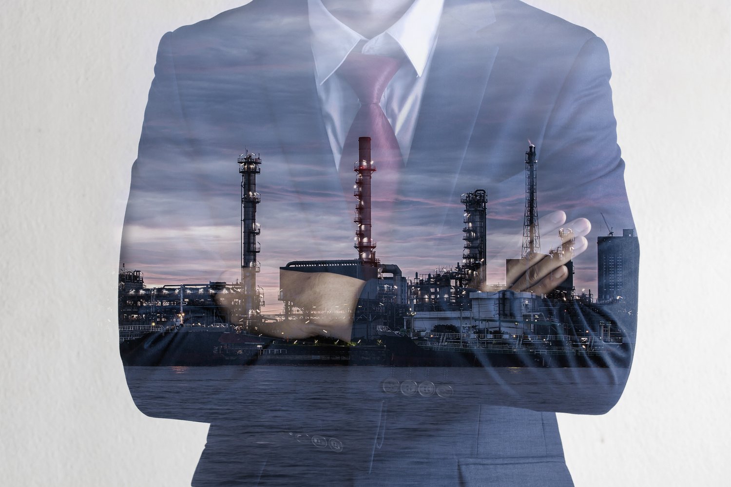 Double Exposure Image of Business Man with Petroleum Oil Refiner